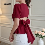 Lovito Blaus Elegan Wanita Ruffle Hem Klaret Musim Bunga/Panas L165ED633