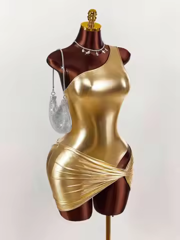 Y2K Metallic One-Shoulder Mini Dress, Ruched Bodycon Party Club Dress for Gala Christmas Gold Women'