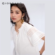 GIORDANO Women Blouses 100% Cotton Ribbon-Tie Ruffle Mandarin Collar Blouses Hollow Panel Sleeve Fas