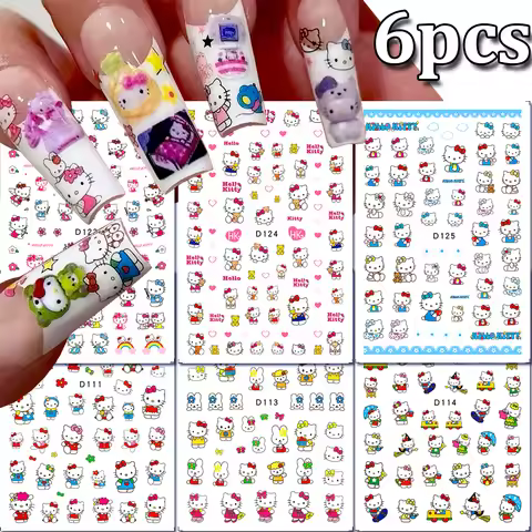 6pcs Cartoon Hello Kitty 3D Nail Stickers Pink Blue Green Kawaii Hello Kitty Adhesive Nail Decals Se