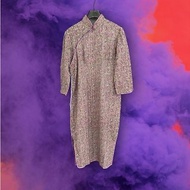二手 古董訂製 灰紫 印花金閃亮 緄邊 長袖 旗袍 G206