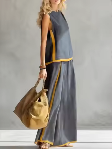 UOOZEE 2026 New Summer Women's Suits Sleeveless O-Neck Tops & High Waisted Wide Leg Pants Contrast C