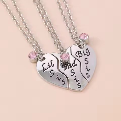 Cute Broken Heart Puzzle Big Mid Little Sis Pink Crystal Charm Pendant Necklace Set For 3 Best Siste
