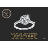 18K (750) White Gold IGI LAB GROWN DIAMOND  Total 1.50ct, F Color, VVS, 3 Excellent NONE Fluorescenc