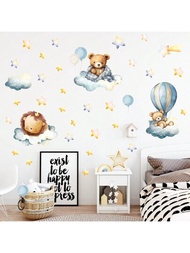 卡通可愛熊獅熱氣球星星壁貼,適用於臥室客廳家居裝飾壁貼