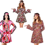 70s Women's Happie Costume Retro Print Flared Sleeve Dress with Headband Earrings Necklace Disco Costume Masquerade Halloween Cosplay Gift New