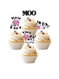 12入組牛頭杯子蛋糕裝飾,閃亮農場動物杯子蛋糕插牌,適用於牛主題嬰兒派對、兒童生日會蛋糕裝飾用品