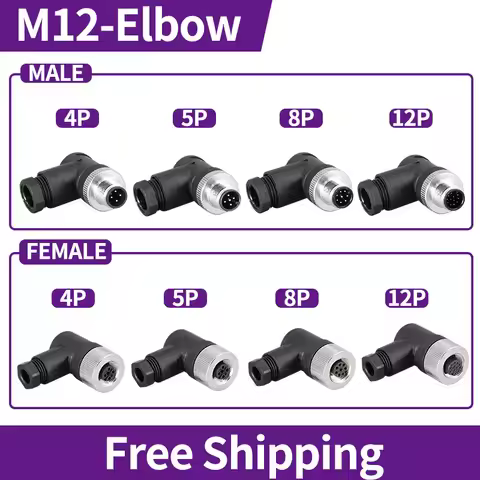 M12 Elbow 4/5/8/12Pin Sensor Connector 5 PCS Male&Female Waterproof Aviation Plug&Socket Screw Threa