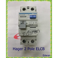 HAGER 2 Pole ELCB / RCCB 40A 30mA or 100mA (SIRIM Approve)