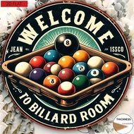 2D Flat, 1pc of 2D Flat Vintage Round Wooden Billiard Room Wall Art - Classic Billiard Cue and Ball 