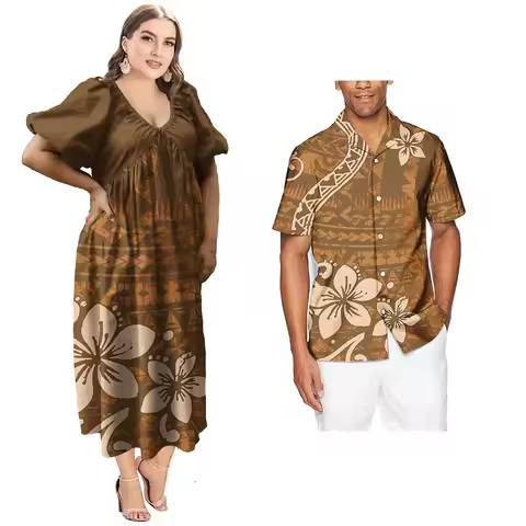 Fashion Polynesian Tribal Pattern Tribal Couples Set 2 pcs Men Aloha Shirts Women Dress Samoan Tapa 