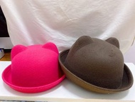 韓版 粉色 咖啡色 馬術帽 兒童 盆帽 可愛 貓耳朵帽  親子帽 羊毛呢 小禮帽 貓耳帽子 圓頂帽 女帽 帽子女貓耳帽
