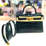 99%NEW二手HERMES MINI KELLY 二代  6OVert Cypres松柏綠/金扣 亮面鱷魚皮 Crocodile #香榭站正品