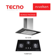 (HOOD + HOB) TECNO ISA 9298 / ISA9298 Island Hood with Decorative LED Lights + Tecno T 3388TGSV / T3388TGSV (90cm) 3-Burner Glass Cooker Hob with Inferno Wok Burner Technology