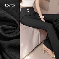(New) Lovito Elegant Pants Double Button Asymmetrical Spring/summer Black Pants for Women L150ED682 