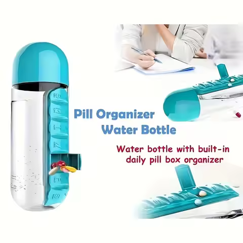 2 In 1 Pill Box With Sports Water Bottle 600m/20.3oz Water Bottle With 7-Day Pill Storage Organizer 