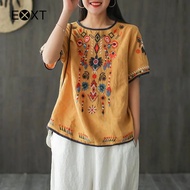 ผู้หญิงปักเสื้อผ้าฝ้ายผ้าลินินแขนสั้นชาวนา Boho เม็กซิกัน Tunic ด้านบนเสื้อยืดสบายๆ