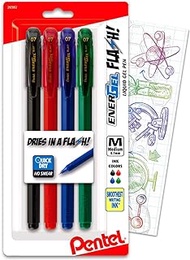 Pentel EnerGel FLASH! Liquid Gel Stick Pen, (0.7mm) Medium Line, Metal Tip, Energel Black, Red, Green, Blue Colored Ink, 4-Pack Bundle Includes Separately Licensed Colorful Fun GWW Bookmark
