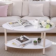 Fashionwu Small Coffee Table, 2 Tier Oval Modern Coffee Table with Storage Shelf White Wooden Coffee