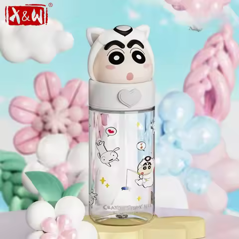 X&W 500ML for Crayon Shin-chan Water Bottle Straw Cup with Cartoon Lid Home Portable Cups Office Use