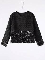 Womens Autumn New Fashion Pleated Short Jacket Round Neck Long-sleeved Cardigan Top