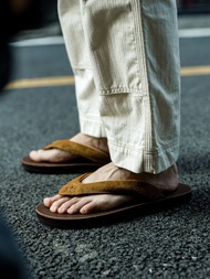 TERRA夏季復古風真皮人字拖 牛皮防滑室內外拖鞋