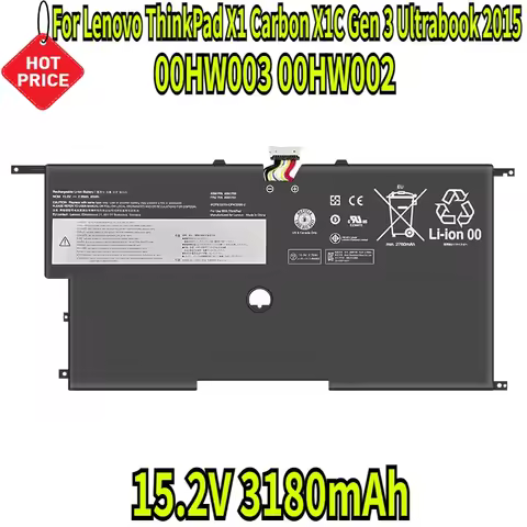 15.2V 3180mAh 00HW003 00HW002 SB10F46440 45N1701 45N1702 45N1703 Battery for Lenovo ThinkPad X1 Carb