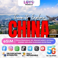 🇨🇳🇭🇰loyoMobile🔥China (Mainland, HK, Macau) eSIM CHEAPEST 3-20 Days 500MB-3GB Unlimited Data | Delive