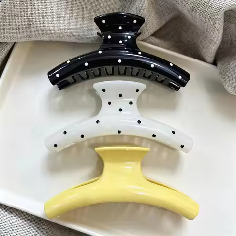 2026 New Cream Yellow Wavy Hair Claw Clip, Large Korean Polka Dot Shark Hair Clip, Aesthetic Women B