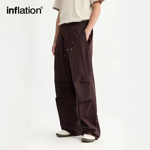 INFLATION Baggy Parachute Pants Streetwear Mens Elastic Waist Washed Cargo Pants Male 100% Cotton Tr