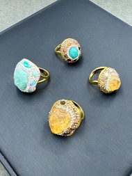 1pc Fashionable New Natural Gemstone Amazonite Ring, Personalized Yellow Crystal Raw Stone Inlaid Ad