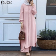 ZANZEA มุสลิมผู้หญิงมุสลิม2ชิ้นชุดสูทแขนยาวชุดกางเกงยาวขากว้าง
