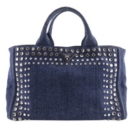 Prada Canapa Tote M 手提包，飾有珠寶圖案，牛仔布，藍色，敞口，A4 尺寸，女士 [二手]