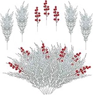 Luonioug 14PCS Artificial Pine Leaves Branches with 6PCS Artificial Red Berry Stems Christmas Artificial Pine Branches Green Plants Pine Needles for DIY Christmas Garland Wreath Gift Decoration