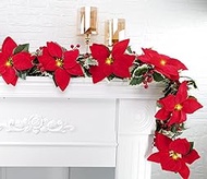 2 Pack Poinsettia Garland Christmas Decorations with Lights, Pre-Lit Velvet Silk Artificial Flowers 6ft Garland with Red Berries and Holly Leaves for Indoor Outdoor Party Tree Decor