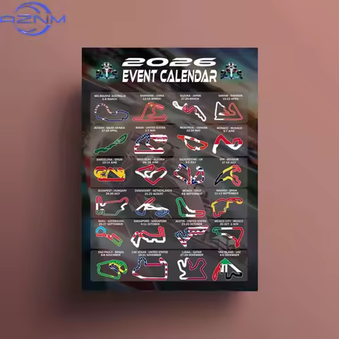 AZNM Gifts and Temptations 2026 Formula Racing Event Calendar Poster Track Layouts with National Fla