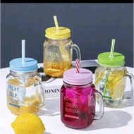 500ml Colored Mason Jar With Reusable Straw Bottle Glass Mug Cold Drink Summer