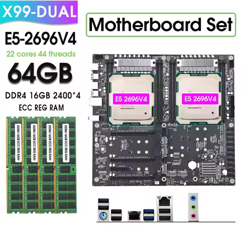 X99 Dual Motherboard Set combo kit xeon E5 2696 V4 *2 and 4*16GB= 64GB 2400MHz DDR4 Memory LGA2011 V