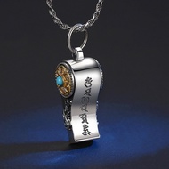 Retro Men Women Necklace Pendant Whistle Blowable S925 Sterling Silver Rotatable Six-Character Mantr