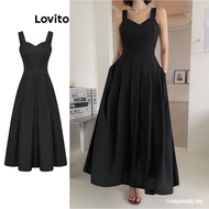 【In stock】Lovito Women Casual Plain Pocket Ball Gown Dress L74ED305 XBMS Q15Q LO3G MWR0