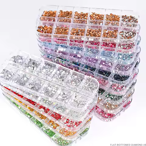 12Grids SS6-SS30 Mixed Nail Rhinestones Shiny Clear/Gold/Pink/Blue Diamond Flat-back Nail Gems Glass