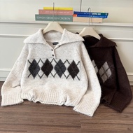 Mirage Long-Sleeve Sweater with Classic Argyle Pattern, Soft Wool.