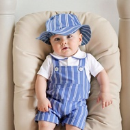 3 ชิ้น/ชุดเด็กอ่อนผู้ชายสุภาพบุรุษชุดเล่น ชุดหมีปก Polo สีขาว เสื้อผ้ากางเกงกระเป๋าลาย และหมวกเด็ก, 