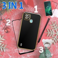 3 IN 1 For Itel A57 Itel A57 Pro Golden Electroplated Lanyard Phone Case With Full Covering Tempered Glass and Holder and Silicone Rope