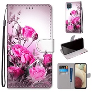 For Cute Samsung Galaxy A14 A54 5G A01 A21 A51 A71 4G 5G A11 M31 A21S A70 A70S A31 Painted Rose Flower Leather Flip Wallet Case Cover with Card Slot Holder Kickstand