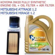 MITSUBISHI ATTRAGE , MITSUBISHI MIRAGE OIL FILTER + AIR FILTER + KOYOMA 0W20 FULLY SYNTHETIC ENGINE 