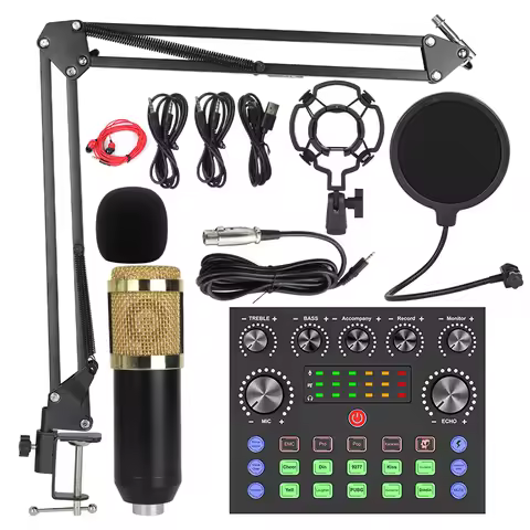Likheung Microphone Kit Professional Sound Card Microphone Mic Arm Bracket Set V8S Live Soundcard BM