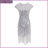 Women Sequin Dress Vintage Prom Party Evening Dress Sleeveless Round Neck Back Zipper Closure Fringe