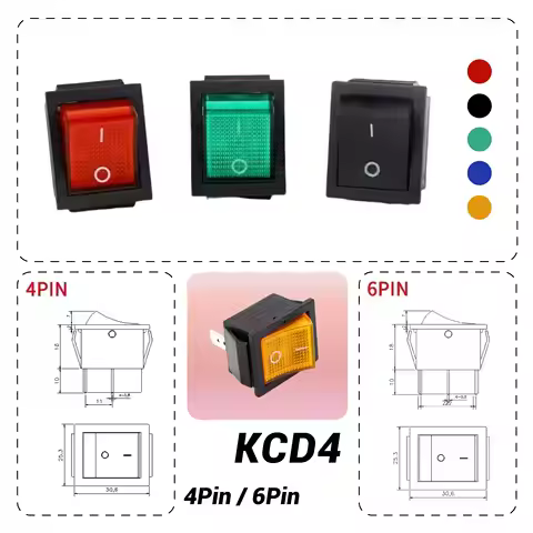 4/6 Pin16A 250V KCD4 DPST ON-OFF Rocker Switch 25x31mm Snap-in Automotive Marine