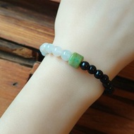 天然黃加綠翡翠桶珠手串 l 漸綠翡翠珠・檀木珠